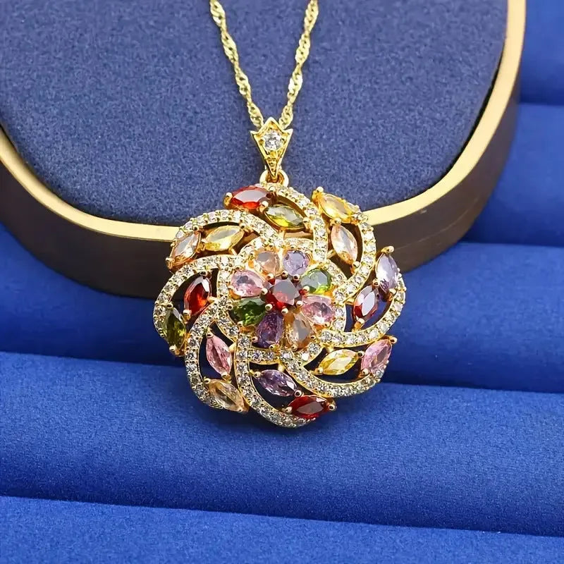 Colour zircon pendant necklace with gold plated copper flower shape and spiral design