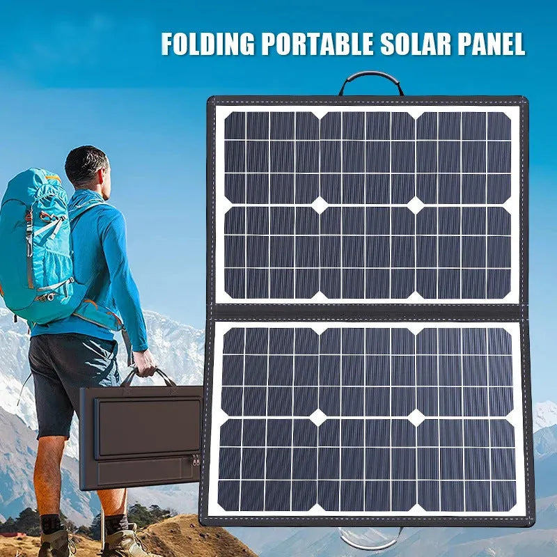 Black 40W single crystal folding solar panel bag shown folded to compact size