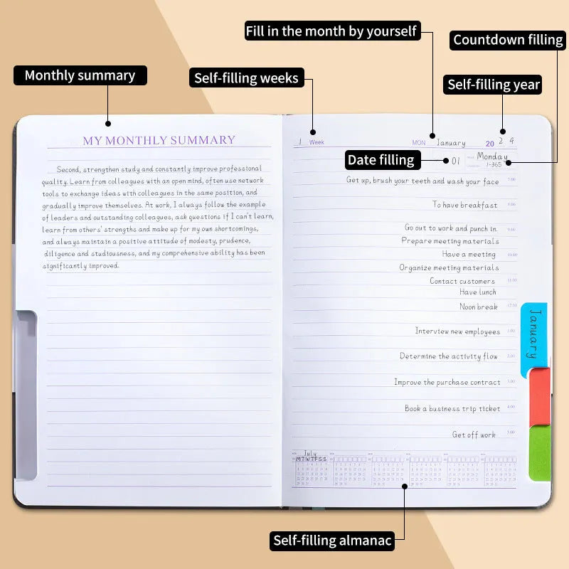 No-date planner notebook with PU cover in multiple colour options showing thread binding and planning stickers