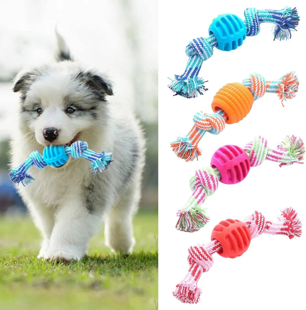 Blue dog chew toy with rope elements for dental cleaning and oral health protection