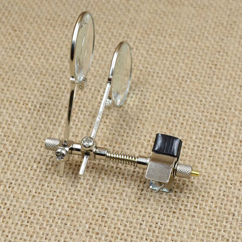 Auxiliary reading glass mirror clip with double clip design and metal bracket construction attached to glasses