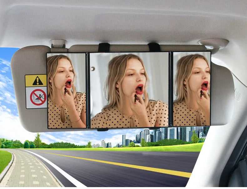 Silver folding car visor makeup mirror shown open and closed on a car sun visor
