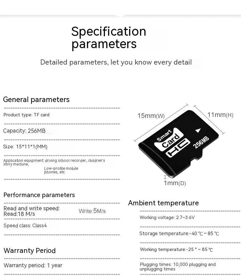 256MB TF memory card with compact dimensions in gift-ready packaging