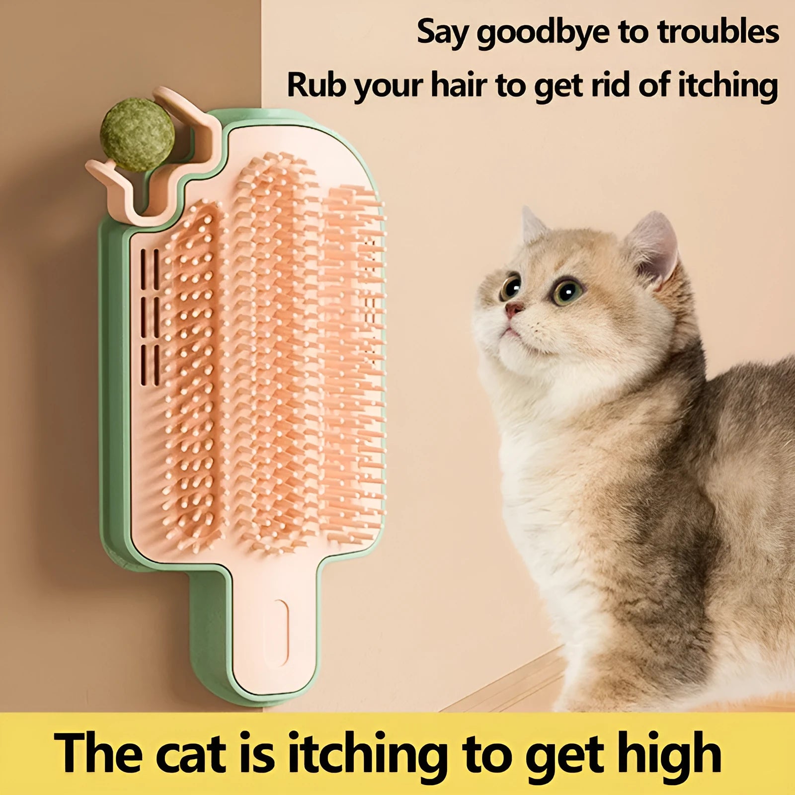 Ice cream cone-shaped cat scratching post with feather teaser in corner placement