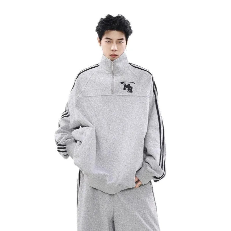 Men's black Hong Kong style polyester hoodie sweater with stand collar and long sleeves