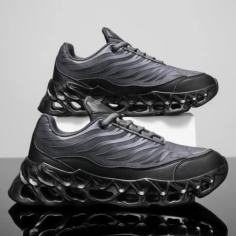 Men's lace-up thick-soled daddy sneakers in Black Grey with mesh upper and PU sole