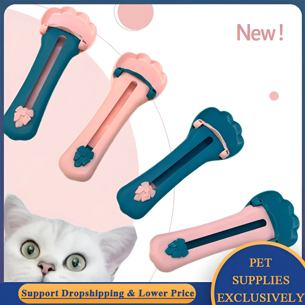 Green and pink pet food extrusion scoop with a squeezer dispenser for cat and dog treats