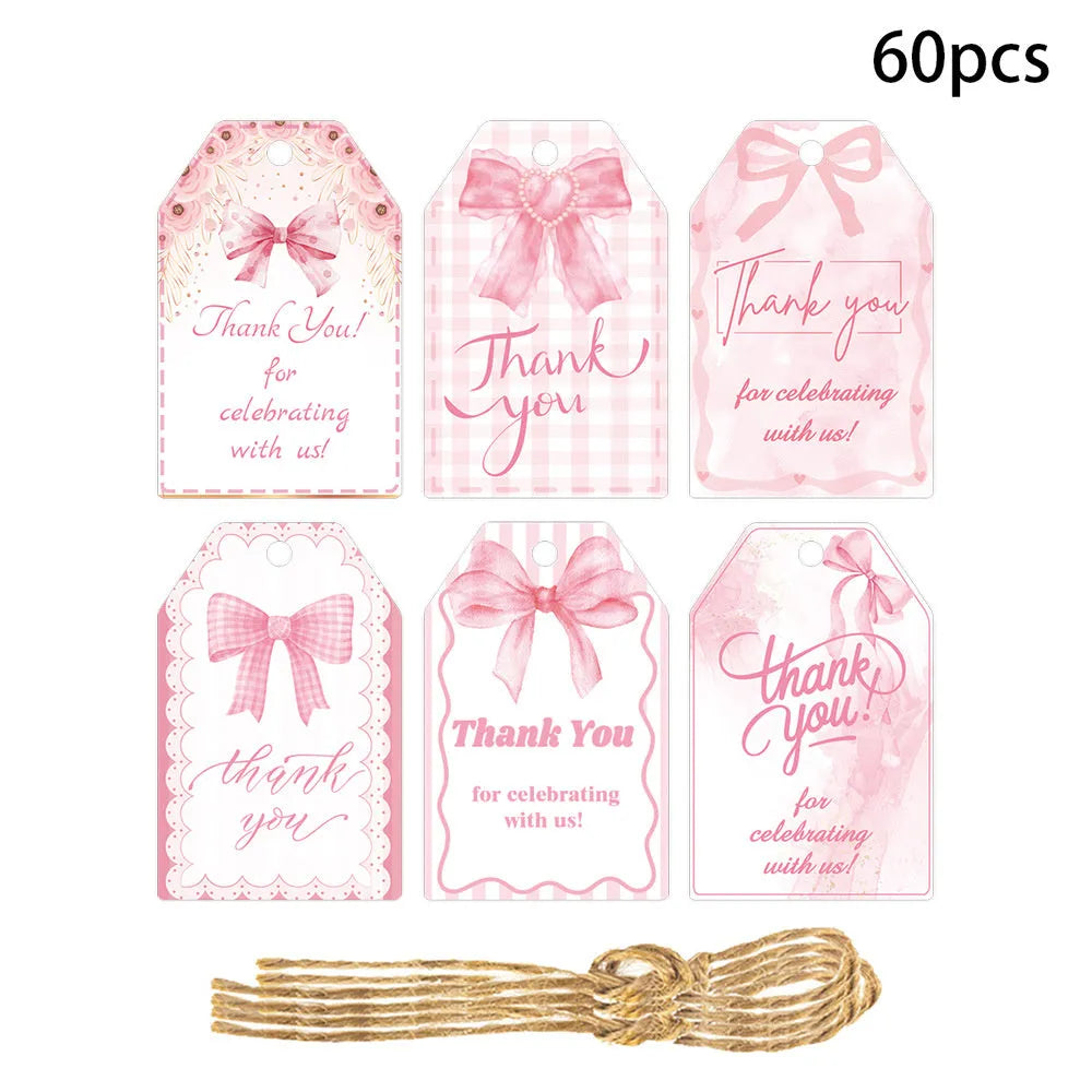 Creative bowknot gift label tags set showing three decorative styles with natural hemp rope ties