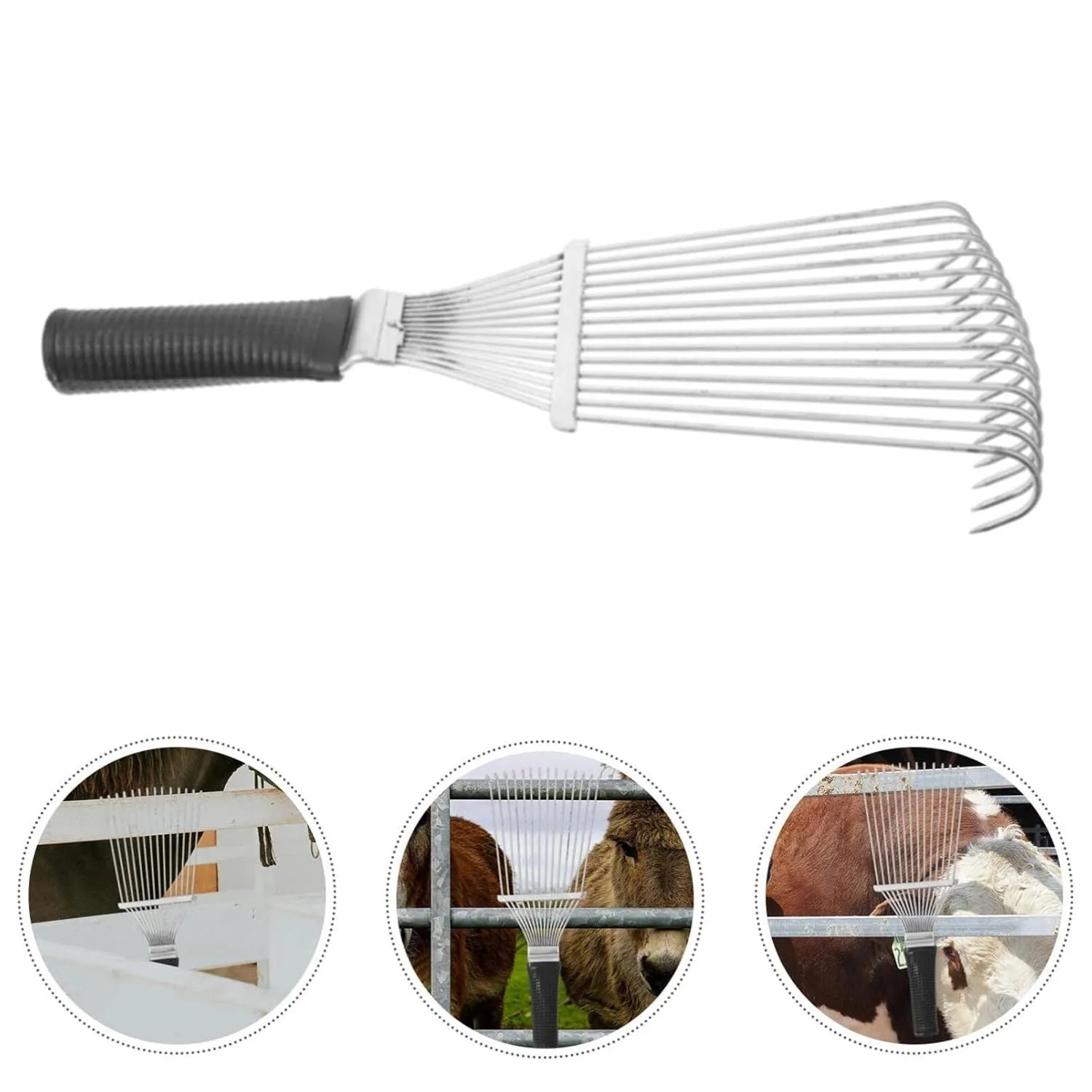Stainless steel dematting brush rake comb for grooming horses and dogs on a wooden surface
