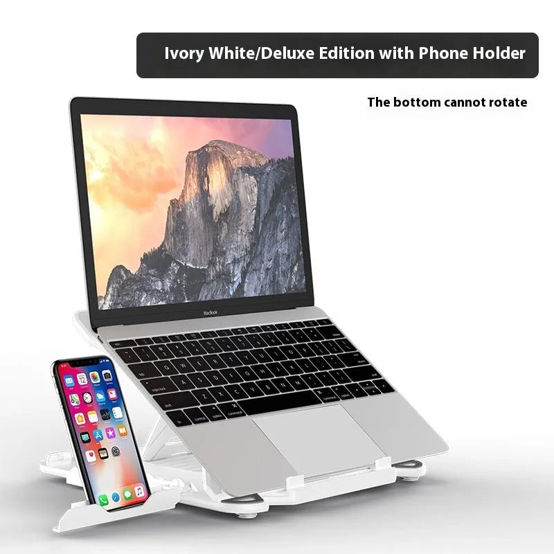 Black ABS plastic laptop stand with a built-in strap phone holder on a wooden desk