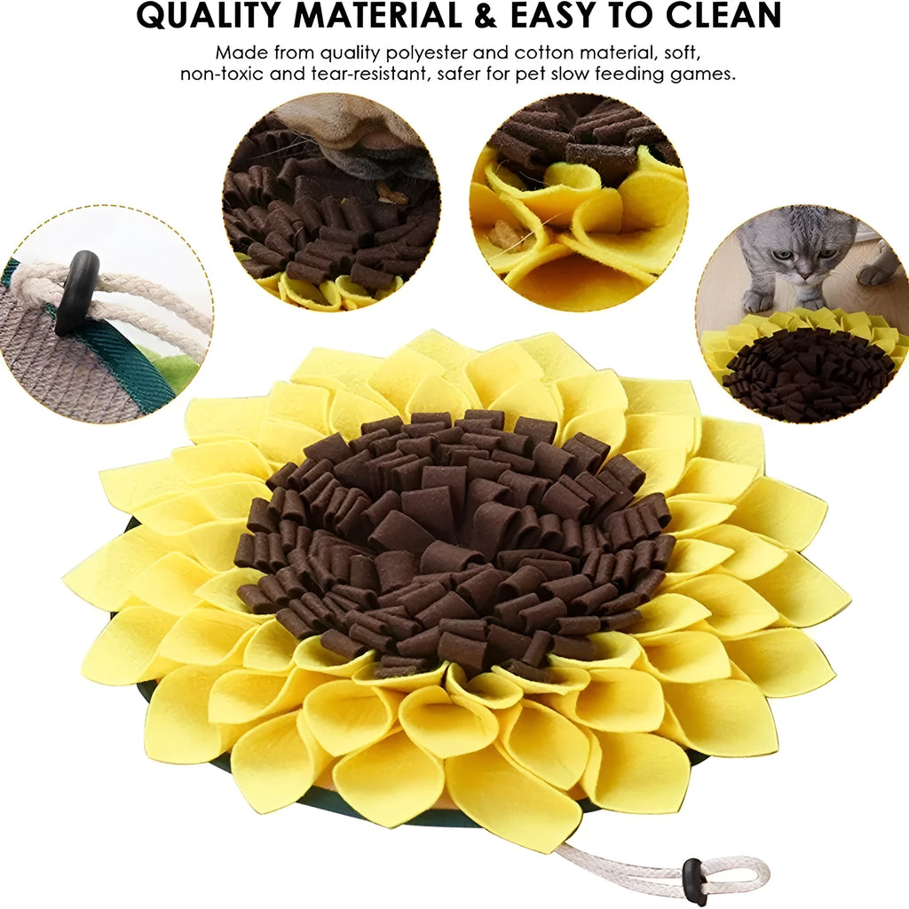 Yellow sunflower-shaped dog snuffle mat with rope and buckle for hanging or fixing