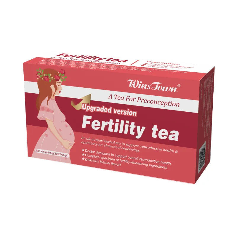 Box of fertility tea containing 3 packs of 30 herbal tea bags each for reproductive support