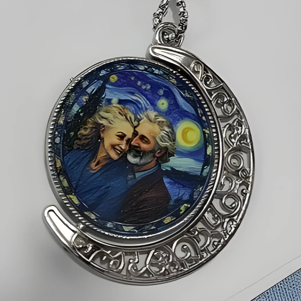Customised moon necklace in zinc alloy with double-sided printing, Large size option