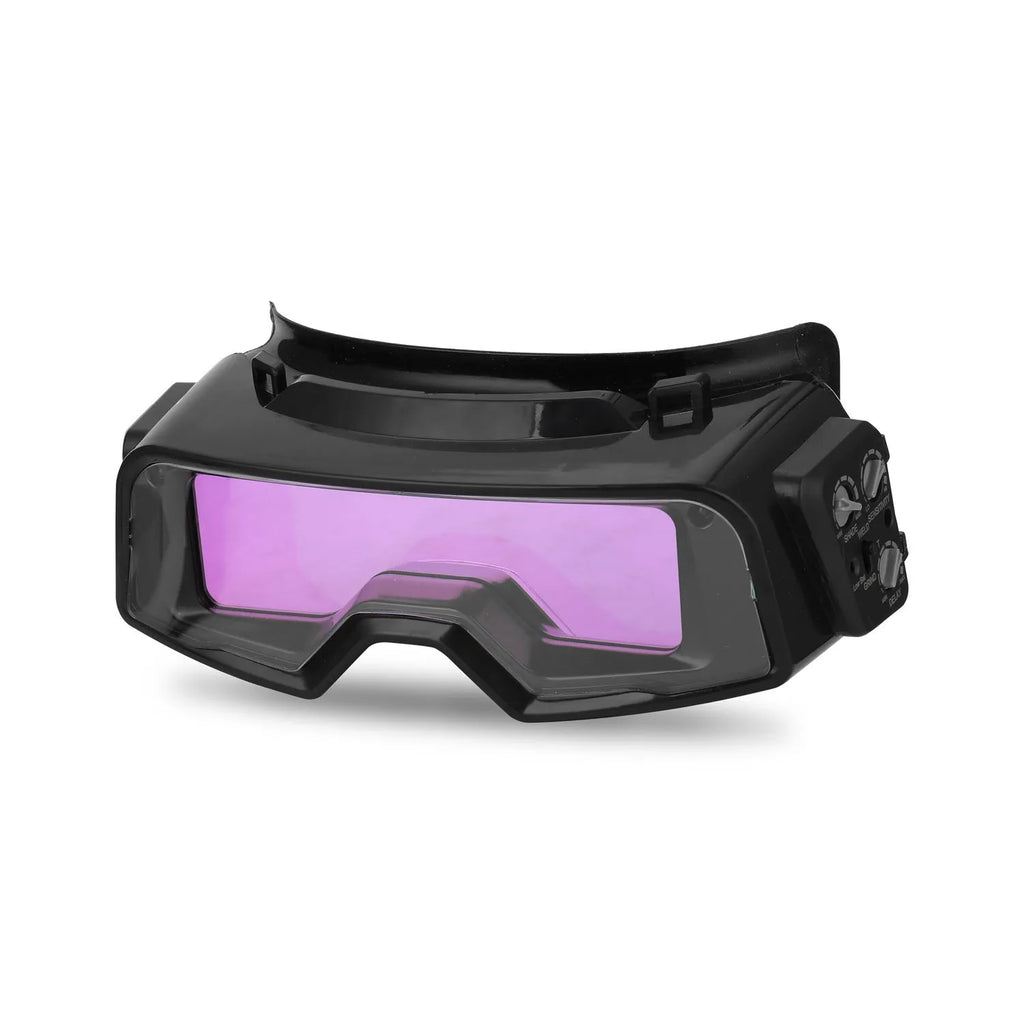 Black automatic welding mask with large viewing lens and adjustable controls for sensitivity and delay timing