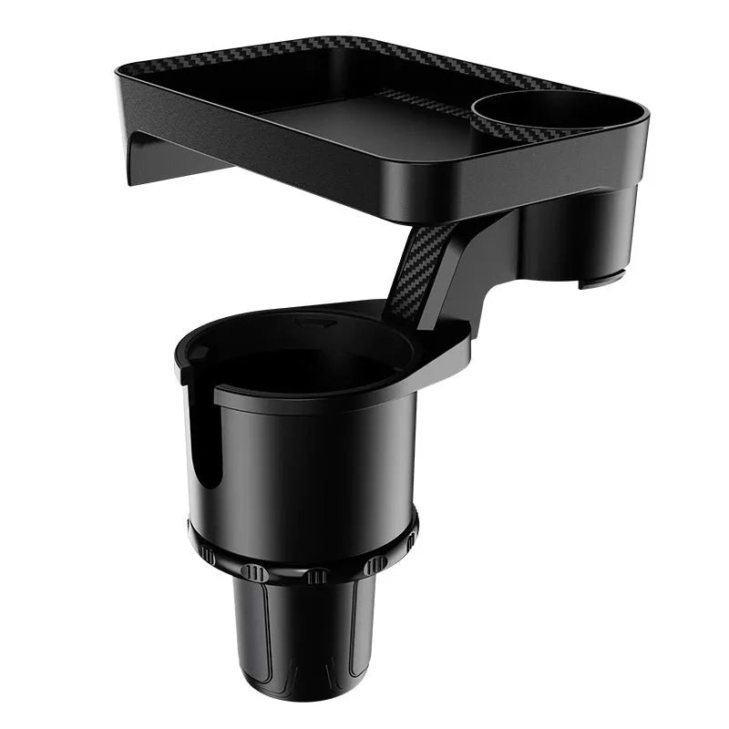 Black ABS plastic car cup holder dinner tray shown rotating, with plate secured.