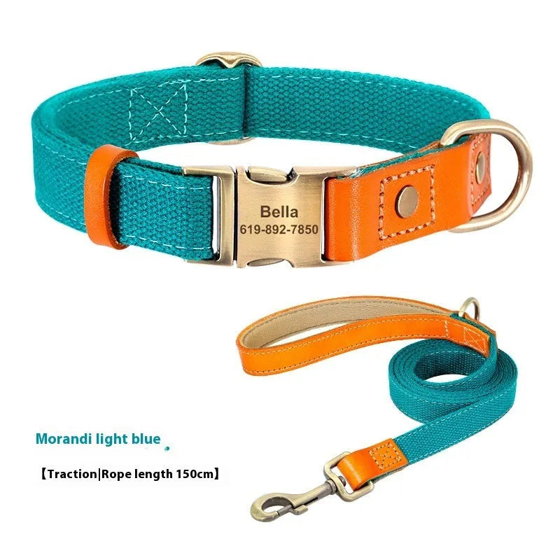 Small dog mohair collar and matching traction rope set in green, shown on a size chart.