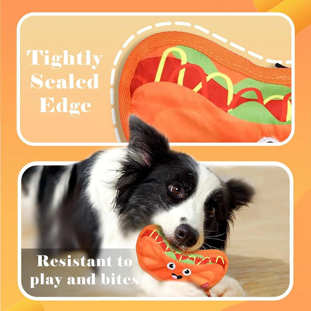 Colourful hamburger-shaped dog chew toy with crinkle and squeak features for interactive play.
