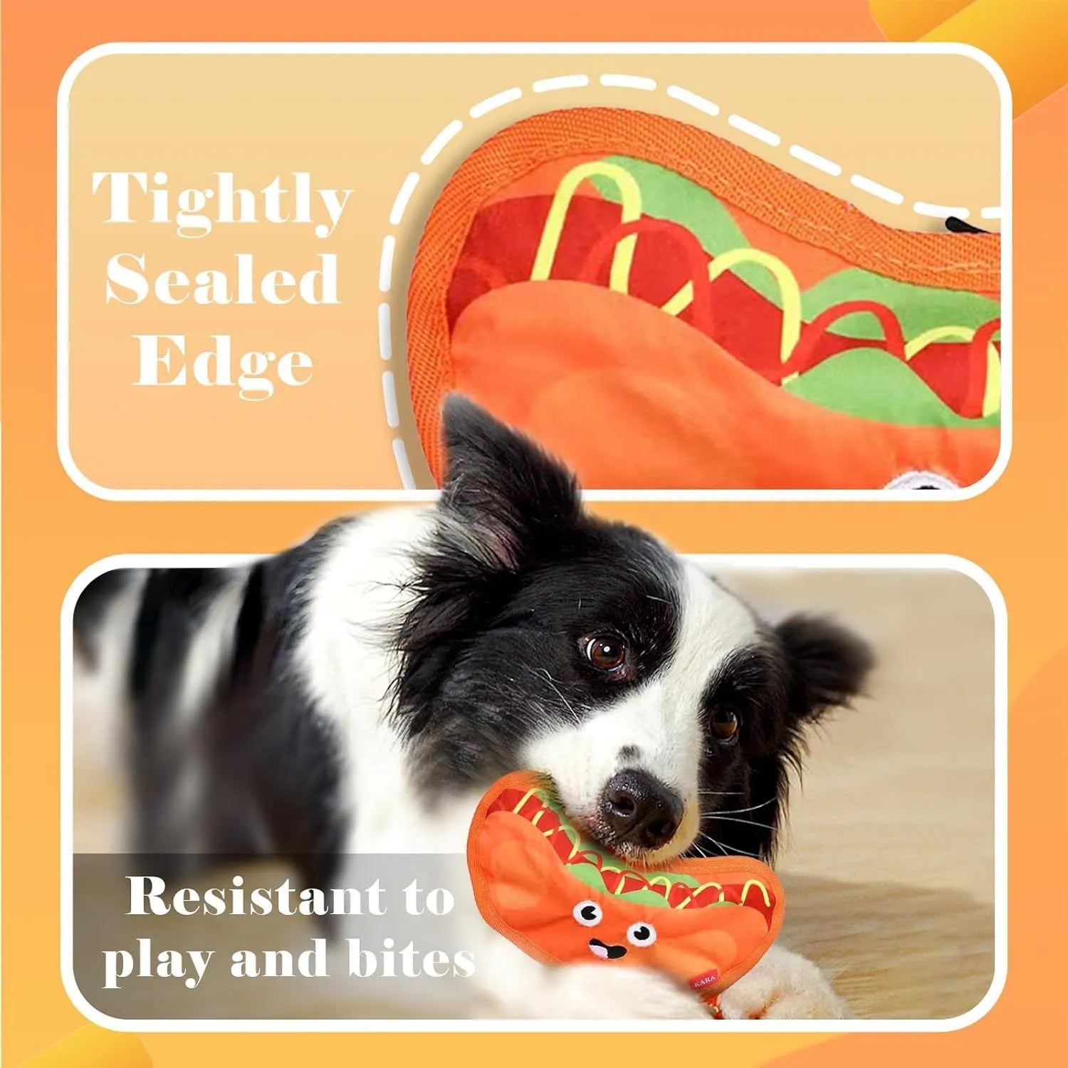 Colourful hamburger-shaped dog chew toy with crinkle and squeak features for interactive play.