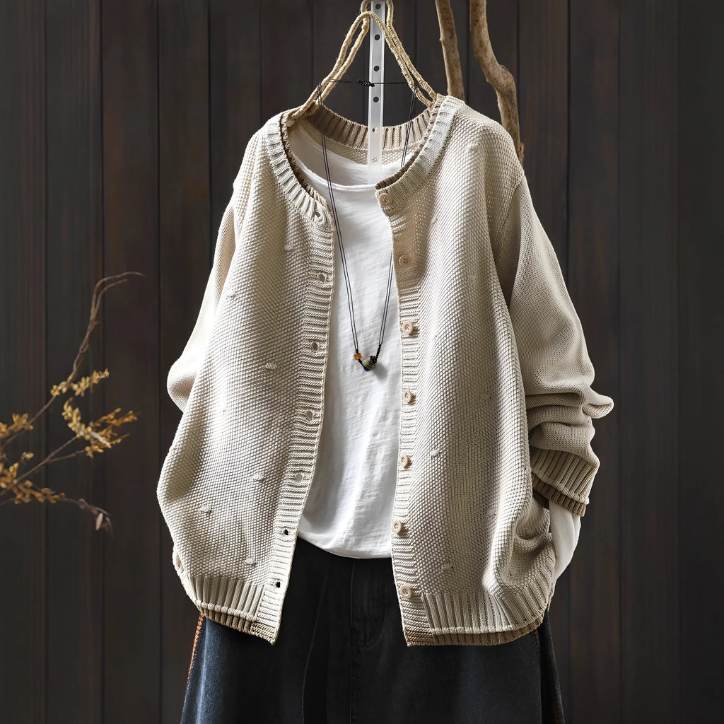 Women's cotton knitted colour block cardigan with pockets in beige, open front loose fit
