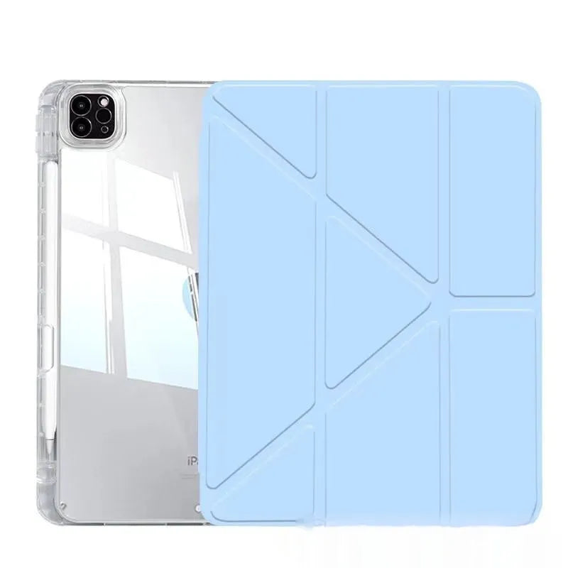 Transparent acrylic iPad case with a folding magnetic stand, shown in multiple colour options.