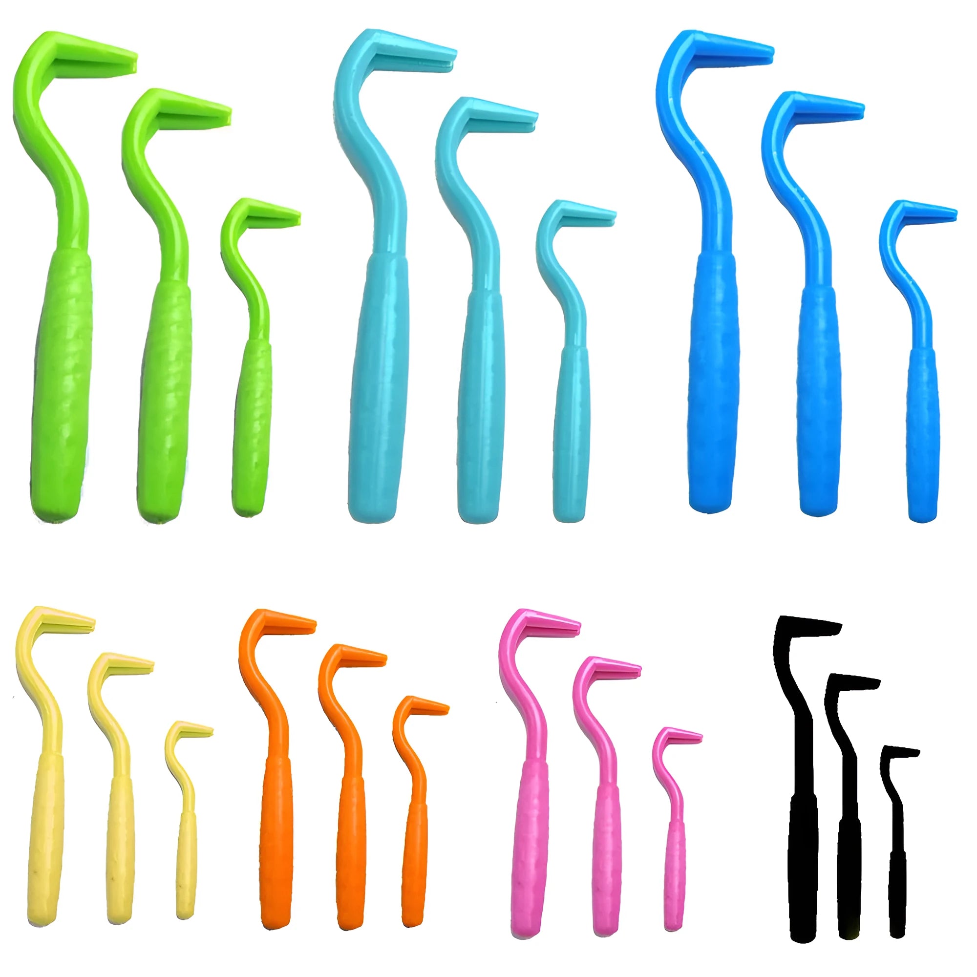 Three plastic tick removal hooks for dogs in assorted colours on a white background.