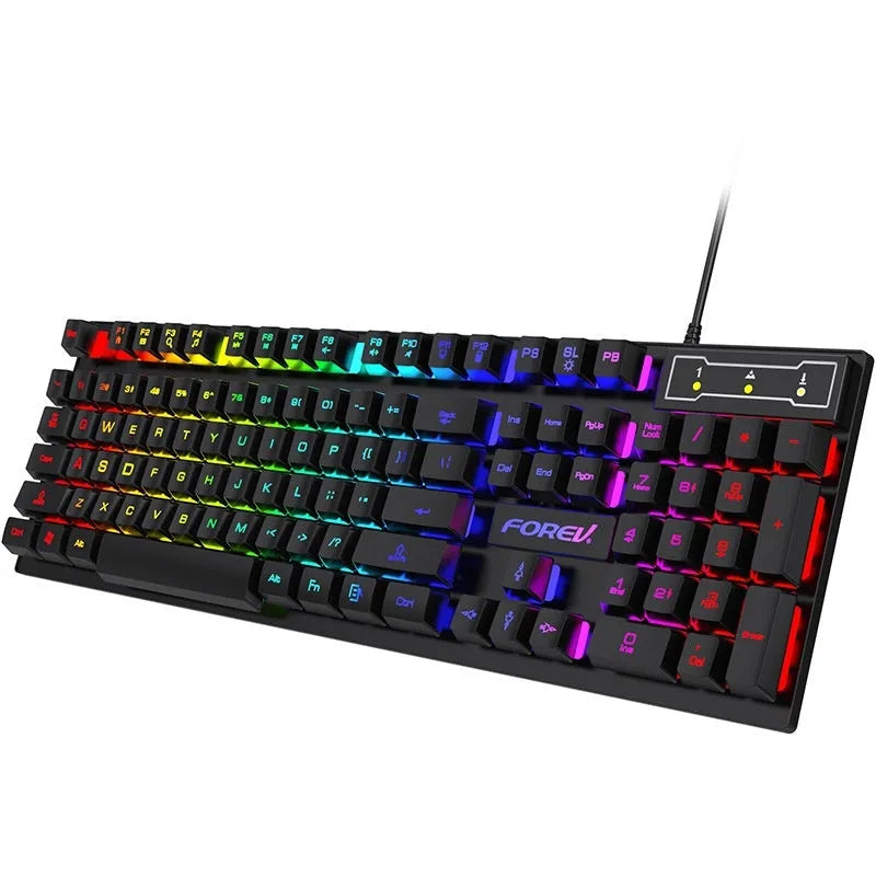 Black 104-key mechanical gaming keyboard with backlighting on desktop