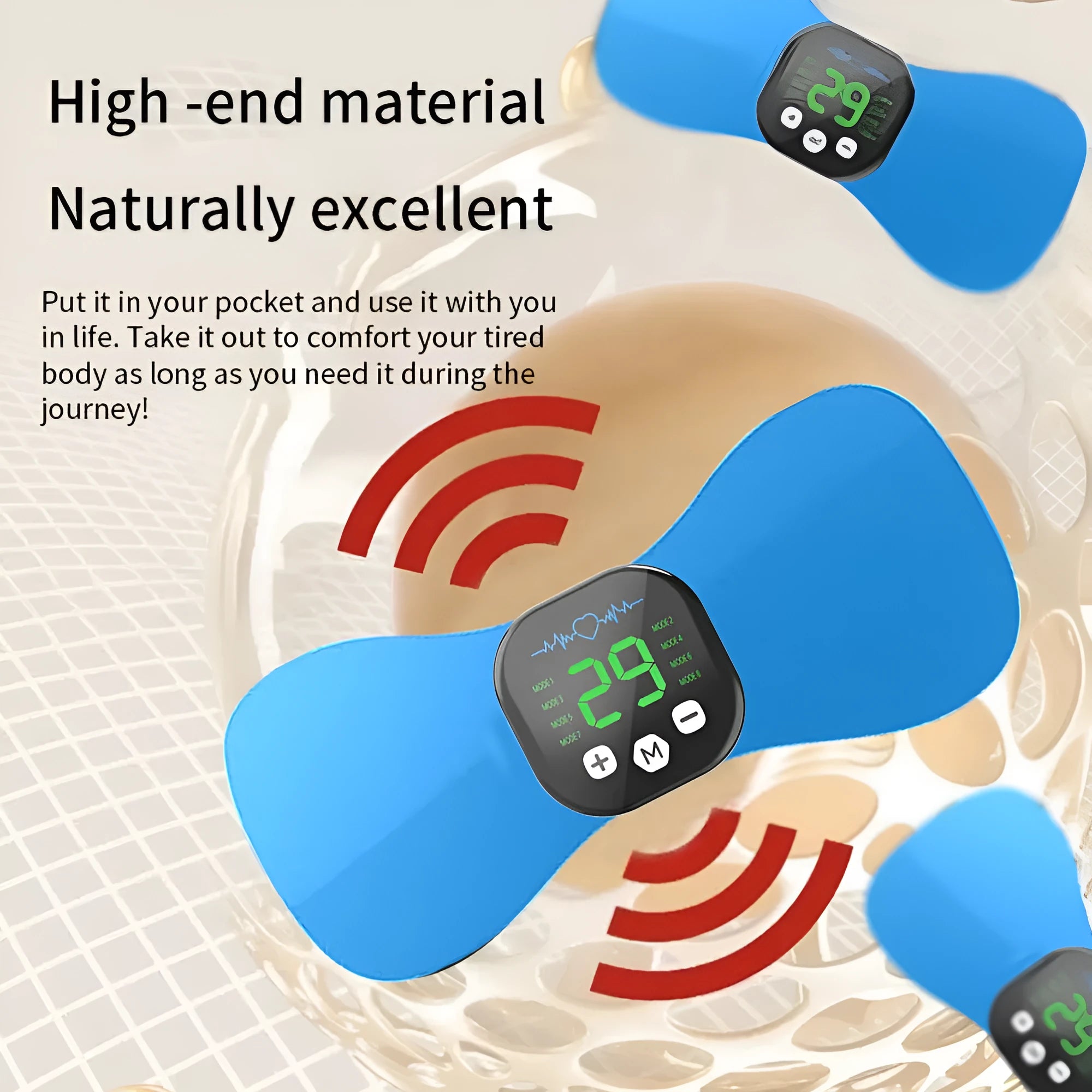 Blue cervical pulse massage pad with remote control and USB cable for EMS electrotherapy neck relief