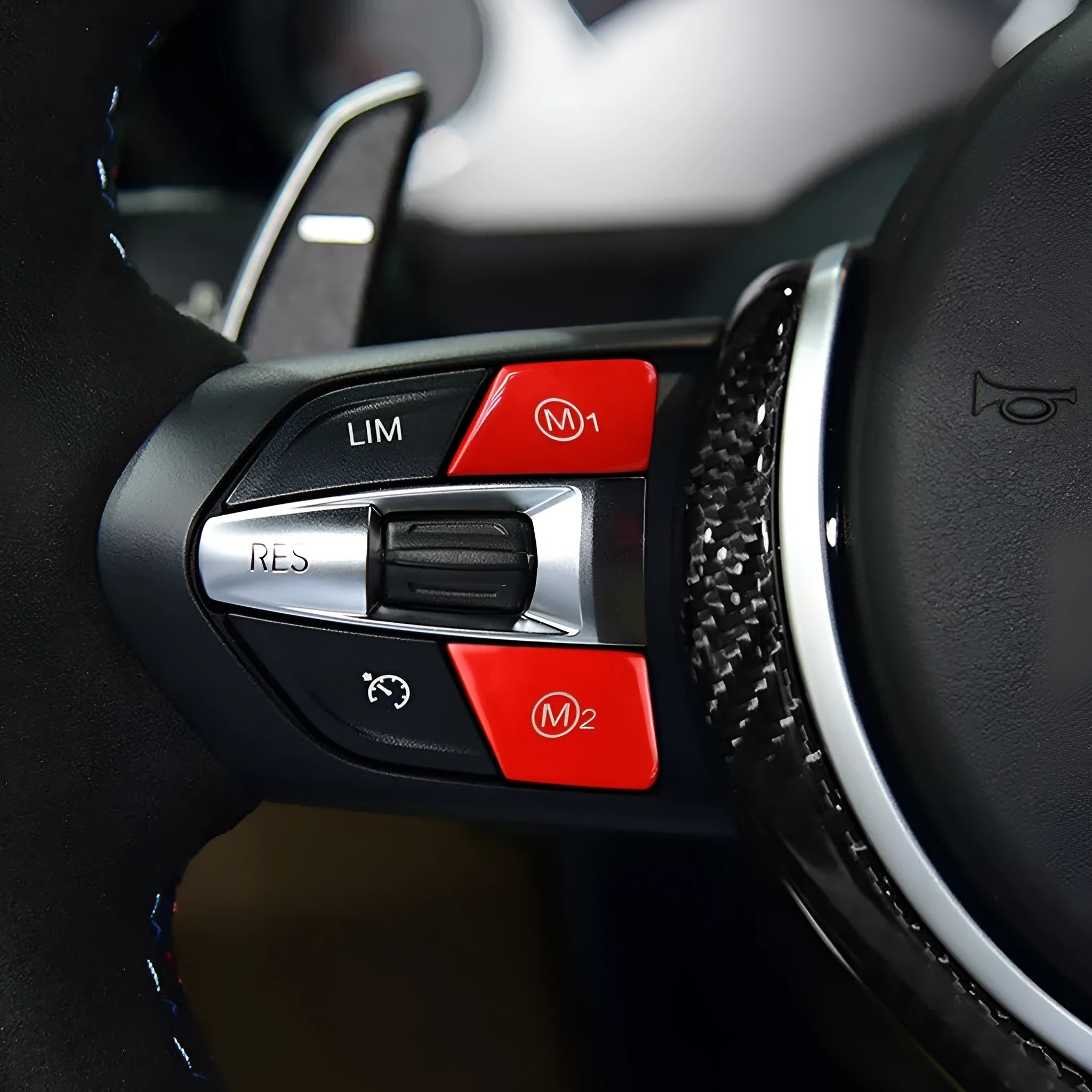 Pair of red M1 and M2 buttons for BMW F30 F34 steering wheel upgrade.
