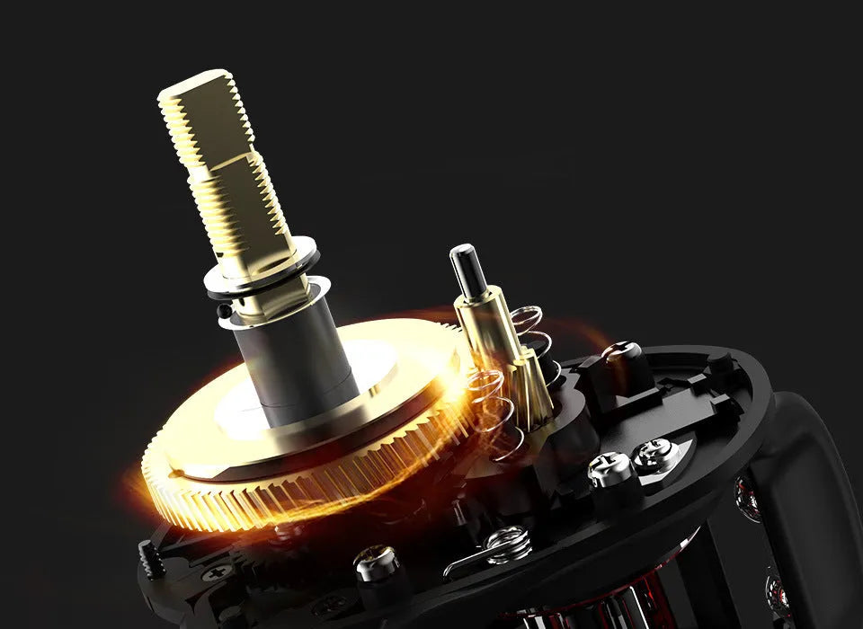 Drip wheel lure fishing reel with rocking wheel line system showing left and right hand wheel configurations