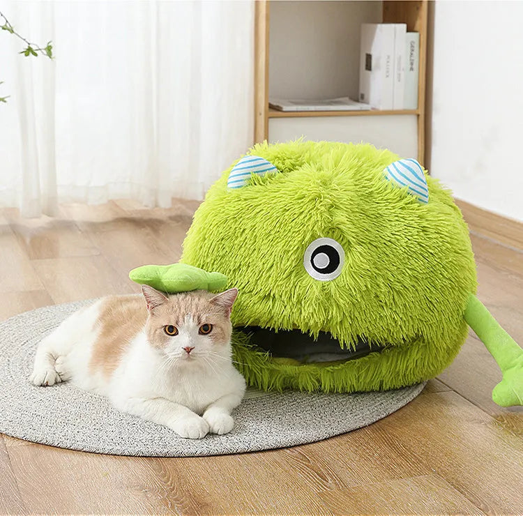 Round fluffy cat bed with plush material and non-slip base in three size options