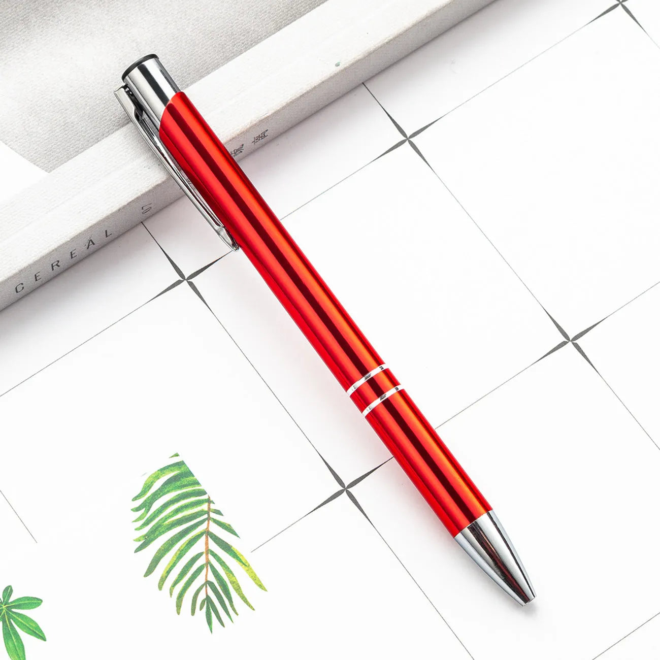Metal ballpoint pen with press action, slim aluminium rod body, 1.0mm bullet nib, available in 13 ink colours on white background