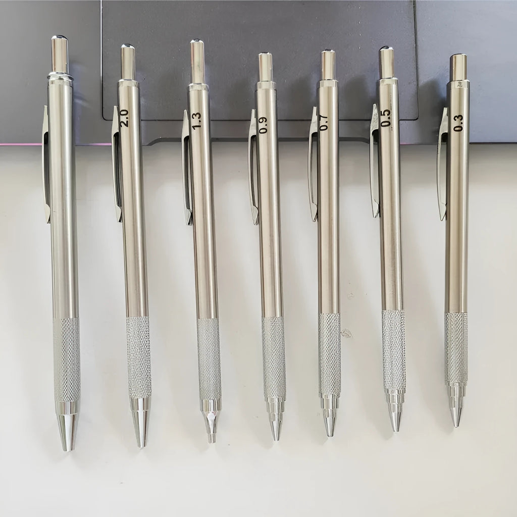 Metal automatic mechanical pencil with five lead size options and 2B graphite refills