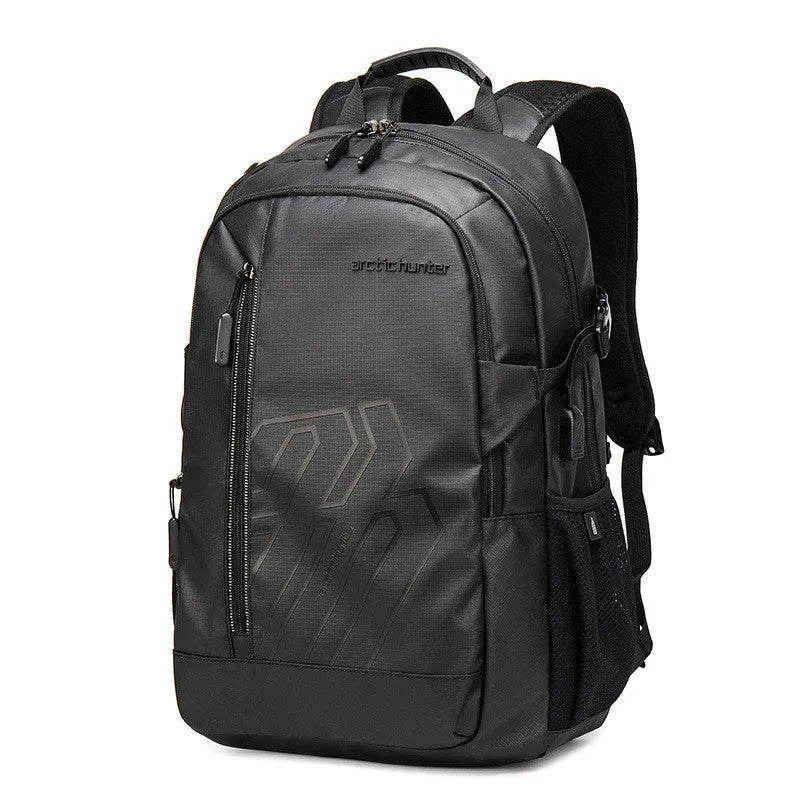 Casual blue plaid polyester 18-inch computer backpack with curved shoulder straps laid flat.