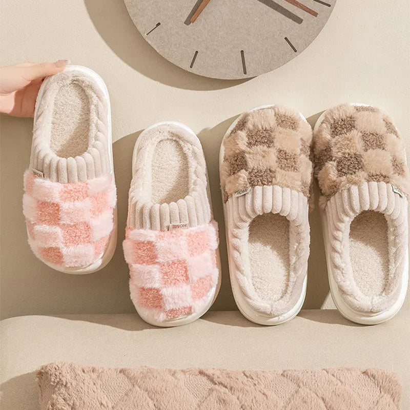 Women's plaid plush slippers with non-slip PVC sole in multiple colour options
