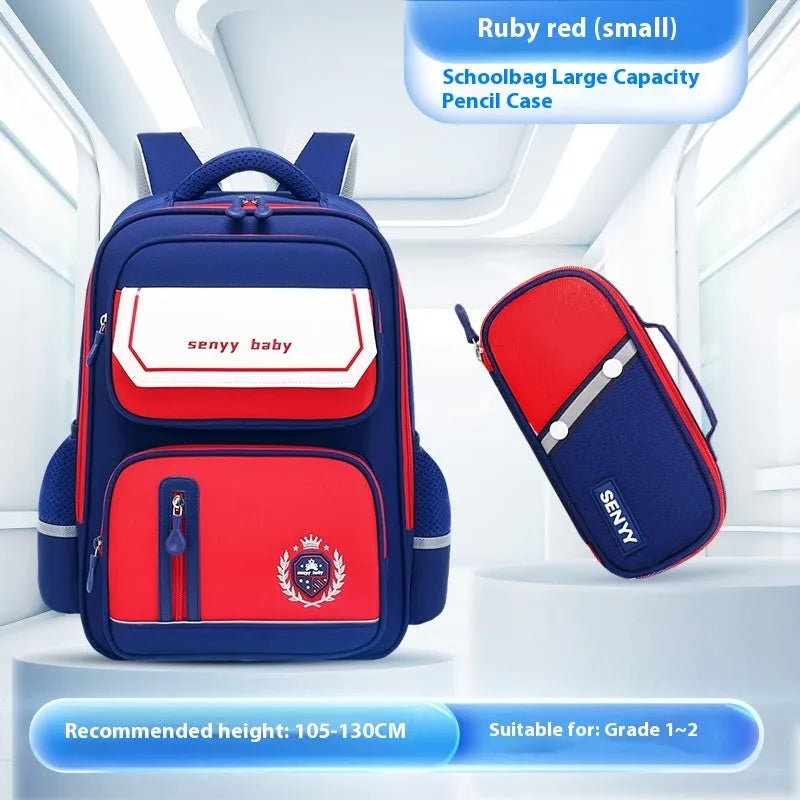 Children's spine protector backpack in blue, made of water-repellent Oxford cloth, size 38x30x15cm