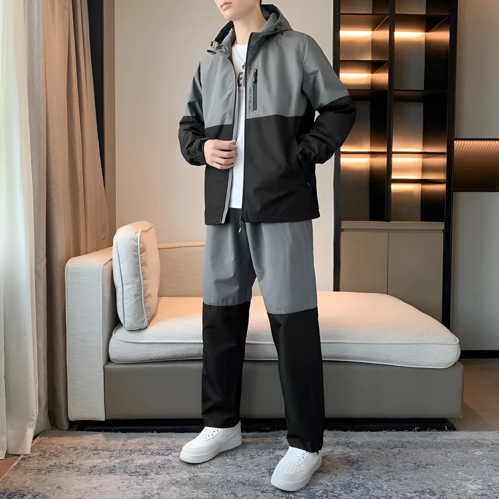 Men's casual hooded suit set with long-sleeve jacket and jogger pants in chemical fibre blend, multiple colour options, sizes M to 5XL