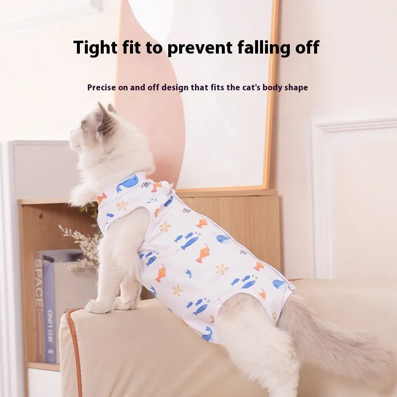 Cat wearing post-operative sterilisation recovery suit with velcro fastenings and printed design