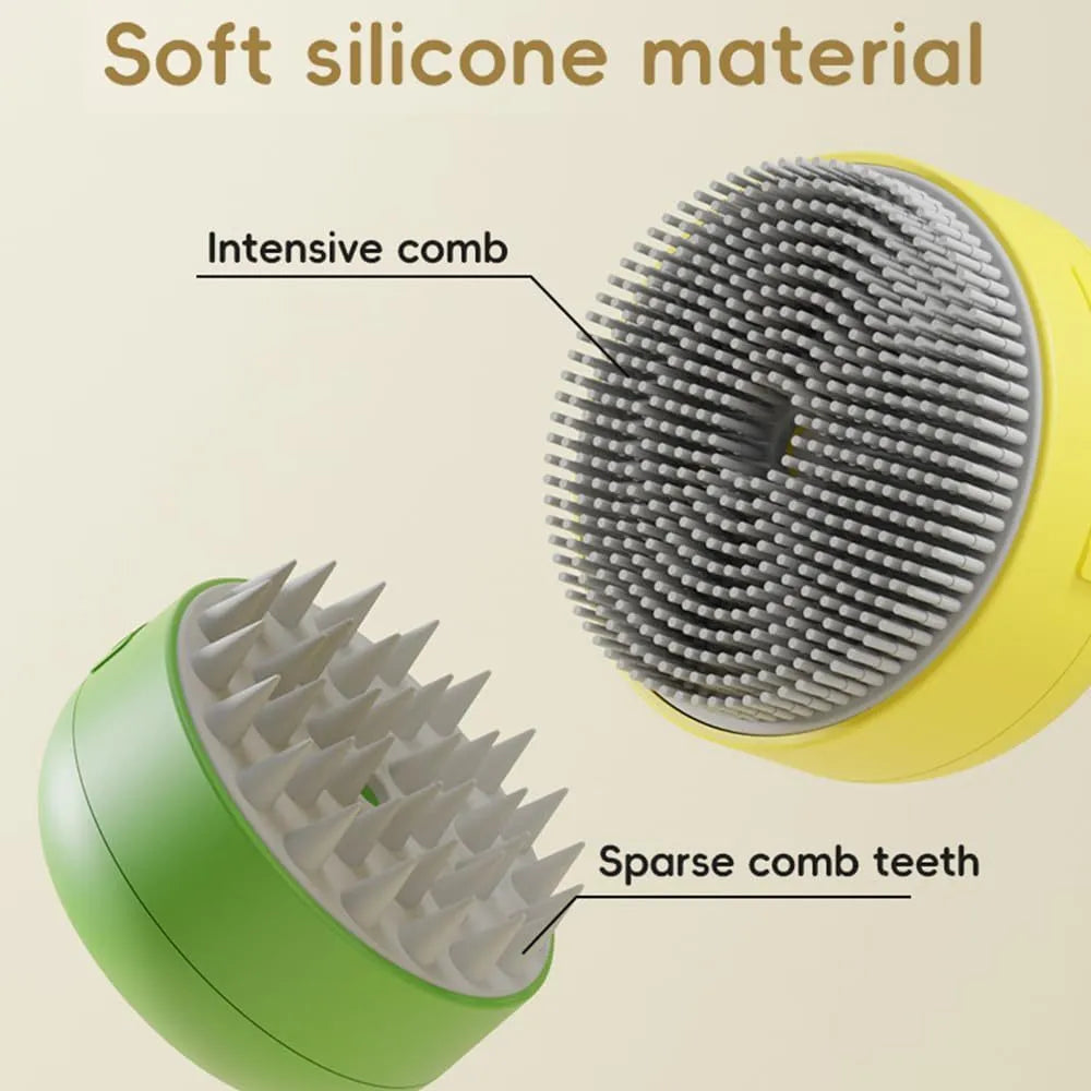 Rechargeable green and yellow silicone steam brush for grooming cats and dogs