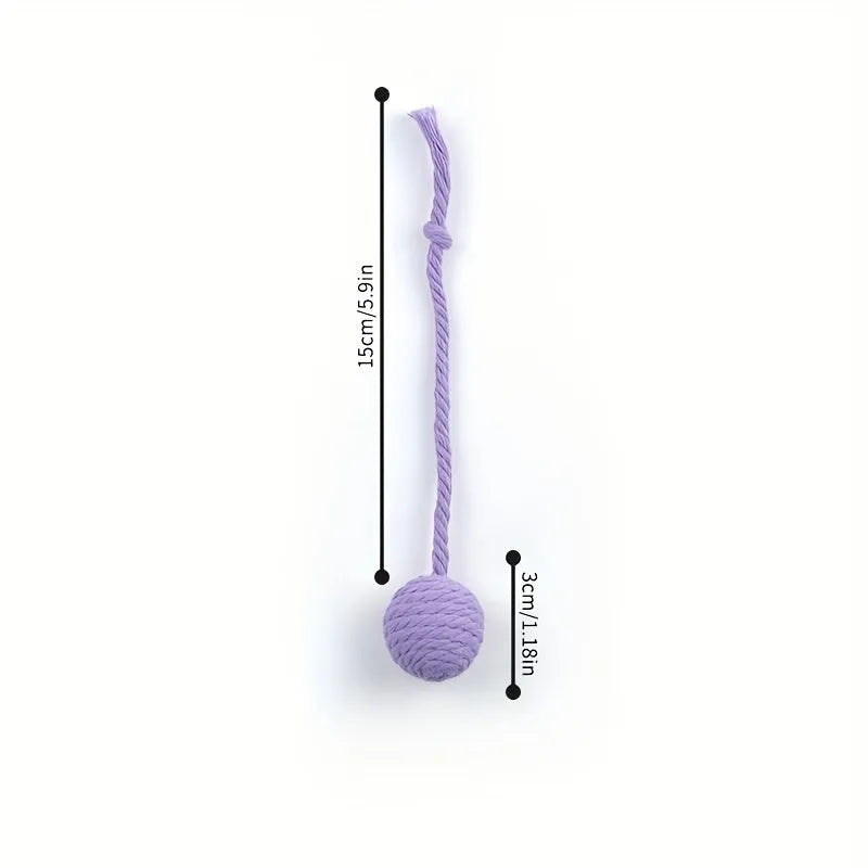 Cat toy ball with rope and bell in green pink purple yellow colours showing 3cm and 6cm size options