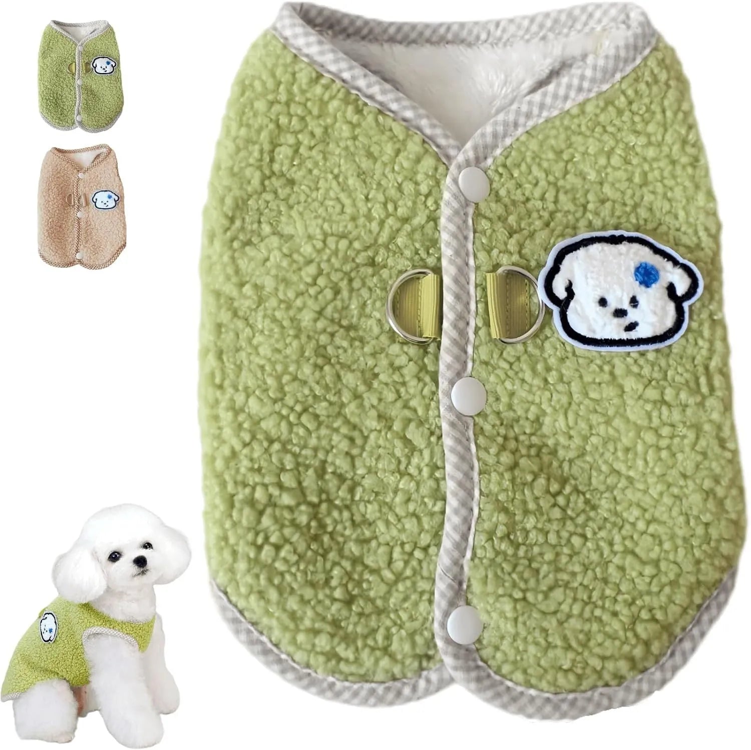 Green thickened coral fleece dog vest with a leash ring on the back, sized for a small dog.