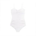 Women's black jumpsuit-style one-piece swimsuit with high waist and adjustable suspender straps.