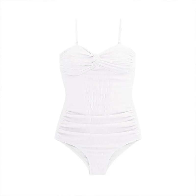 Women's black jumpsuit-style one-piece swimsuit with high waist and adjustable suspender straps.