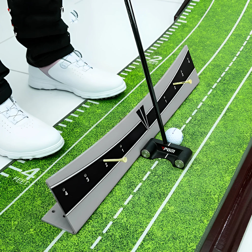 Adjustable golf putter trajectory balance simulator made from white PVC with a push rod balancer.