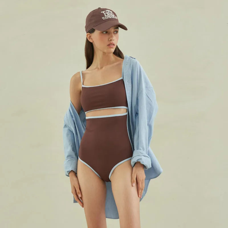 Brown triangle style one-piece swimsuit for women in nylon fabric