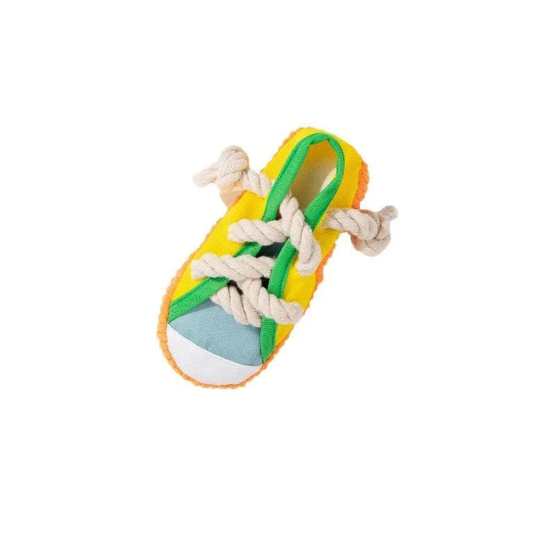 Colourful plastic dog chew toy with bends and squeaker for dental exercise