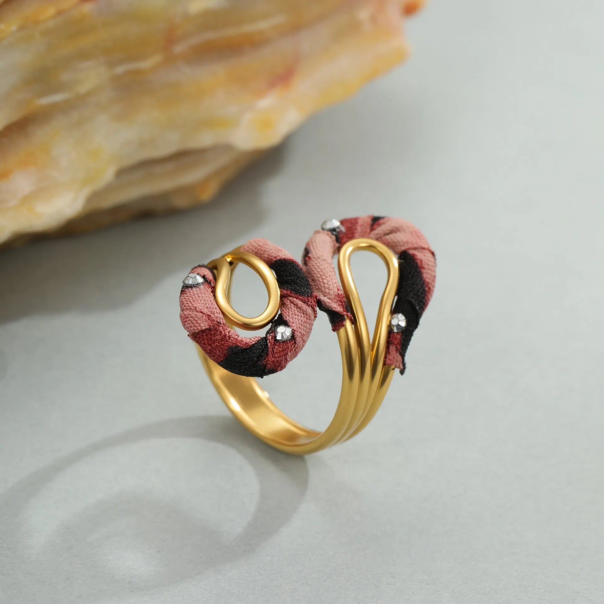 Stainless steel open mouth ring with leopard print geometric heart and star shapes