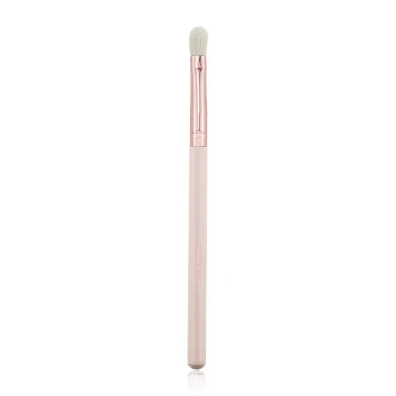 Pink 26-piece makeup brush set with wooden handles displayed in a PU storage bag.