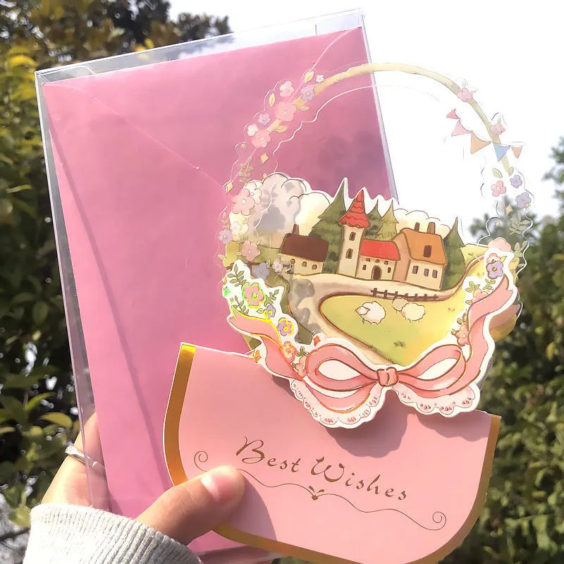 Handmade 3D boxed greeting card with butterfly shape, hot stamping, and artificial flowers on coated paper.