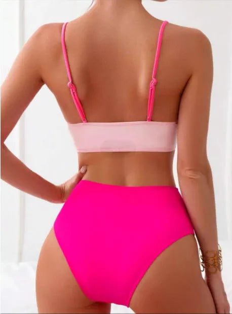 Colour contrast bikini set with yellow top and blue briefs, polyester lining, female swimwear
