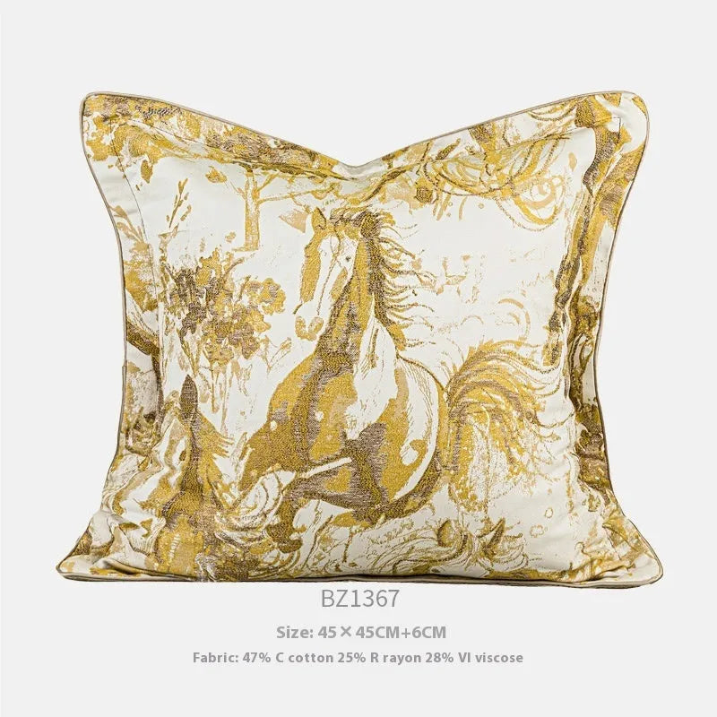 Abstract geometric golden horse design on a jacquard woven polyester cushion cover.